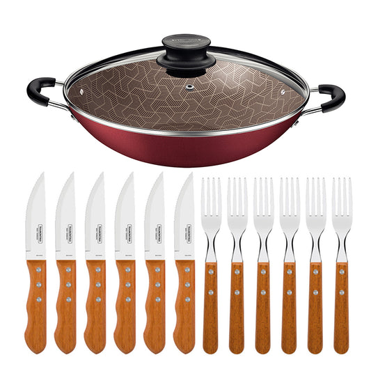 Kit - Panela Wok 6L Alumínio 36 Cm Paris Vermelho + 1 Jogo Churrasco 12pç - Tramontina