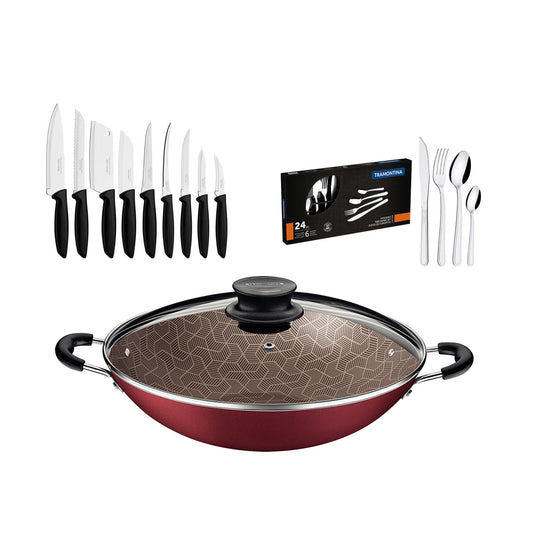 Kit - Panela Wok 6L 36 Cm Vermelho + 1 Conjunto Facas 9pç + 1 Faqueiro Inox 24pç - Tramontina
