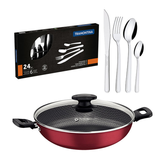 Kit - Panela Wok Alumínio 28cm Loreto Vermelho + 1 Faqueiro Inox 24pç - Tramontina