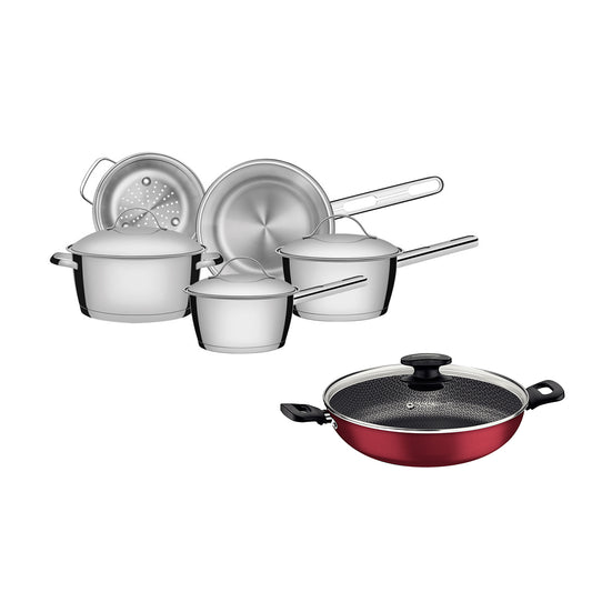 Kit - Jogo de Panelas Allegra 5 Pçs Inox + Panela Wok Alumínio Loreto 28cm Vermelha - Tramontina