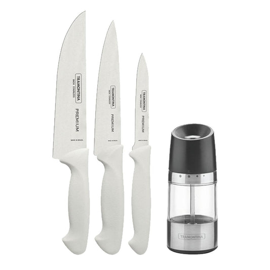 Kit - Faqueiro Premium 3 Peças + 1 Moedor de Sal Ou Pimenta Realce Em Acrílico e Inox - Tramontina