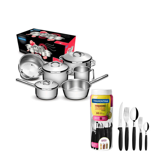 Kit - Jogo de Panelas Solar 6pçs Inox + Faqueiro 30pçs Preto - Tramontina