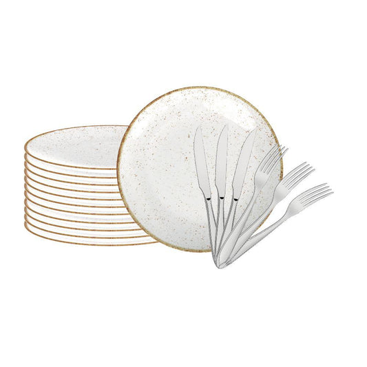Jogo de Pratos Rústico 12pç Porcelana 25cm Com Talheres Laguna Tramontina