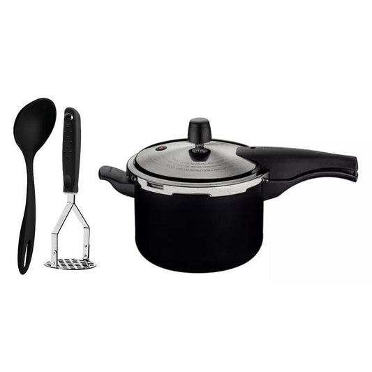 Jogo Panela Pressão Antiaderente 4,5l Preto Com Amassador Inox e Concha Tramontina