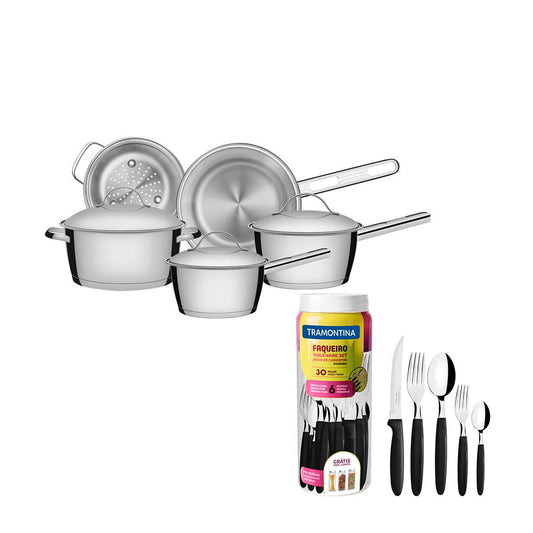 Kit - Jogo de Panelas Allegra 5 Pçs Inox + Faqueiro 30pçs Preto - Tramontina