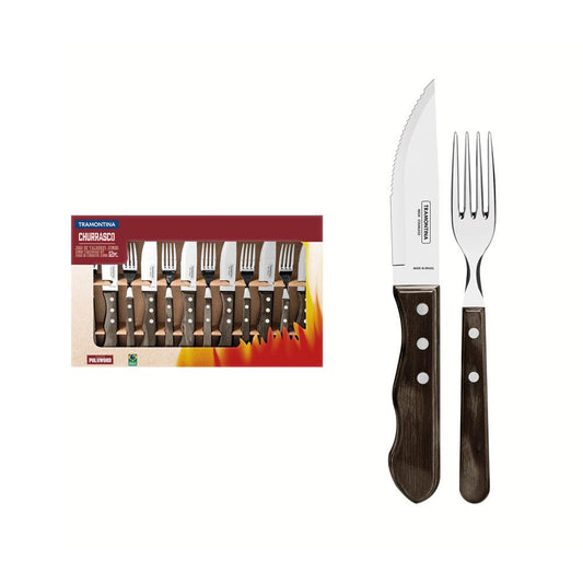 Jogo de Talheres Para Churrasco Jumbo Em Aço Inox Com Cabo Castanho Polywood 12 Peças - Tramontina 21199996