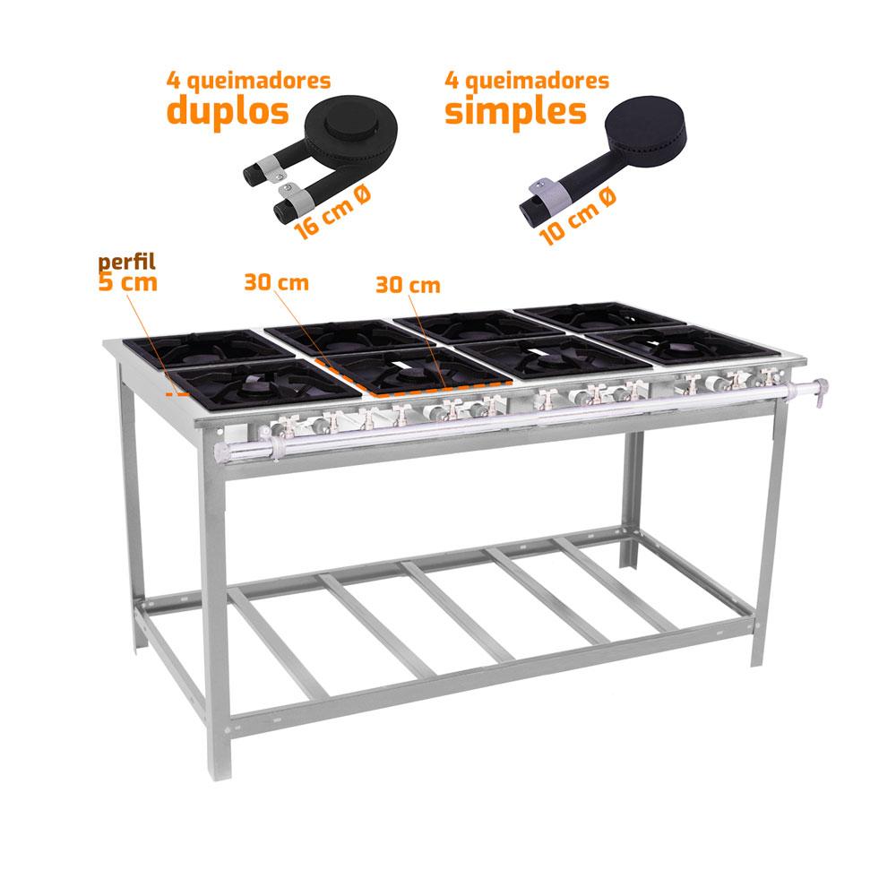 Fogão Industrial 8 Bocas 4 Duplas a Gás Extra Inox Com Espera Para Forno EI8D4E - Venâncio