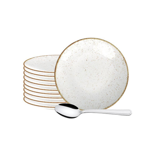 Jogo de Pratos Rústico 12pç Porcelana Sobremesa Com Colheres Buzios Tramontina