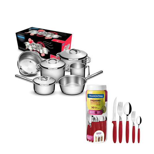 Kit - Jogo de Panelas Solar 6pçs Inox + Faqueiro 30pçs Vermelho - Tramontina