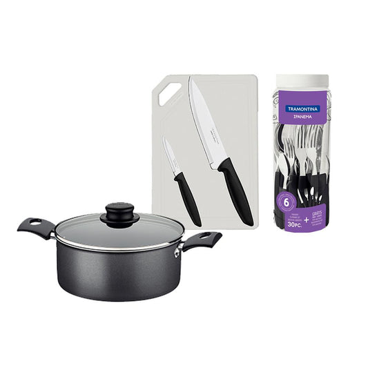 Caçarola Turim Alumínio Chumbo Antiaderente 2,0l + Faqueiro Ipanema 30pc + Tábua e Facas - Tramontina