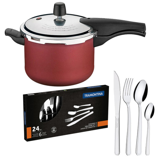 KIT - Panela de Pressão 4,5 Vancouver Vermelha + 1 Faqueiro Inox 24pç - Tramontina