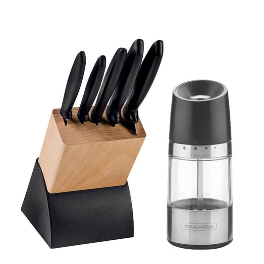 Kit - Faqueiro Plenus 6 Peças + 1 Moedor de Sal Ou Pimenta Realce Em Acrílico e Inox - Tramontina