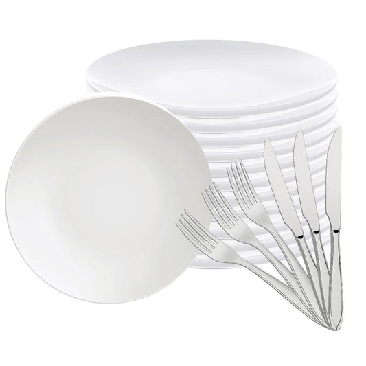 Jogo de Pratos 12pç Porcelana Branca 25cm Com Talheres Laguna Tramontina