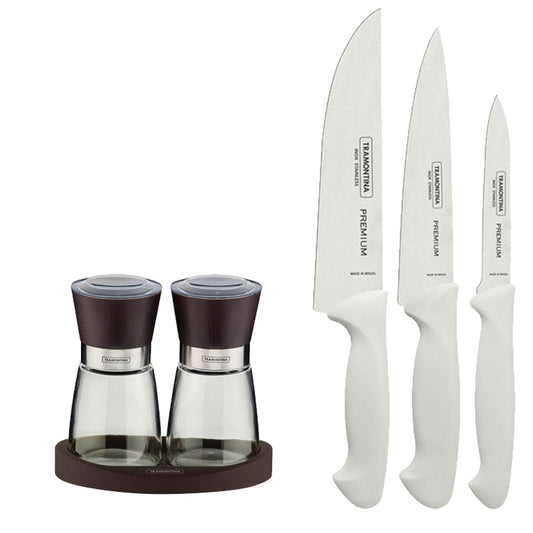 Kit - Faqueiro Premium 3 Peças + 1 Moedor de Sal e Pimenta Em Cerâmica e Vidro - Tramontina
