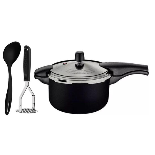 Jogo de Panela Pressão 6l Alumínio Antiaderente Preto Com Amassador Inox e Concha Tramontina