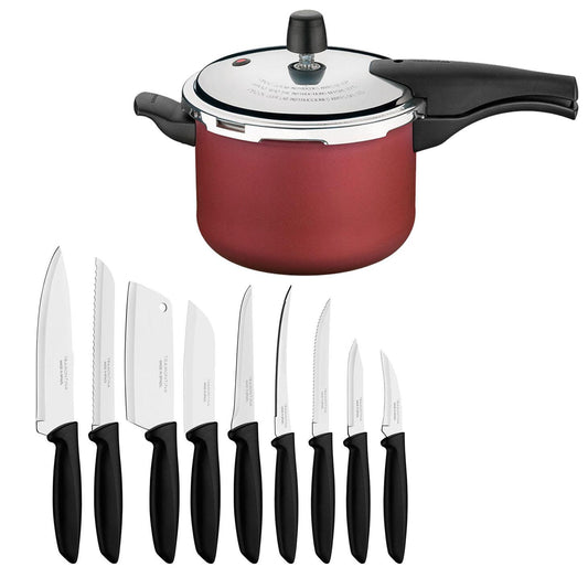 KIT - Panela de Pressão 4,5 Vancouver Vermelha + 1 Conjunto Facas 9pç - Tramontina