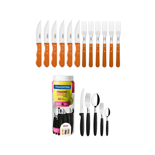 Kit - Jogo de Churrasco Inox 12 Peças Dynamic + 1 Faqueiro 30pç - Tramontina