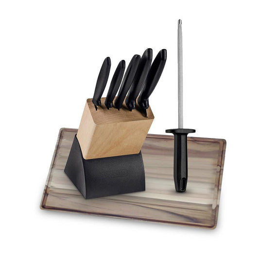 Kit - Faqueiro Plenus 6 Peças + Tábua Para Churrasco 40x28 + Chaira 8 Pol - Tramontina