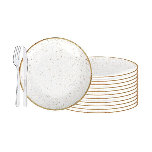 Jogo de Pratos Rústico 12pç Porcelana 28cm Com Talheres Búzios Tramontina