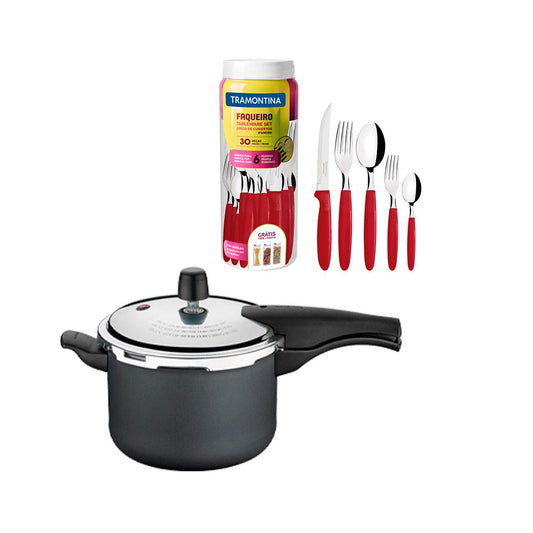 Kit - Panela de Pressão 4,5 Vancouver Grafite + 1 Faqueiro Vermelho 30pç - Tramontina