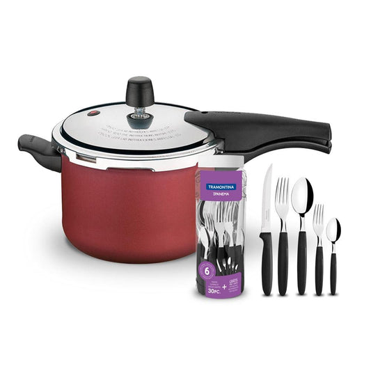KIT - Panela de Pressão 4,5 Vancouver Vermelha + 1 Faqueiro 30pç - Tramontina