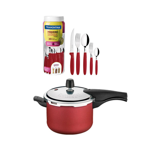 Kit - Panela de Pressão 4,5 Vancouver Vermelha + 1 Faqueiro Vermelho 30pç - Tramontina