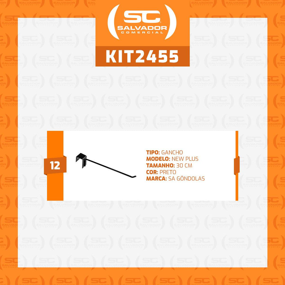 Kit 12 Ganchos 30cm Simples Pretos New Plus Para Organização de Gôndolas e Prateleiras - Sa Gondolas