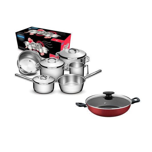 Kit - Jogo de Panelas Solar 6pçs Inox + Panela Wok Alumínio Loreto 28cm Vermelha - Tramontina