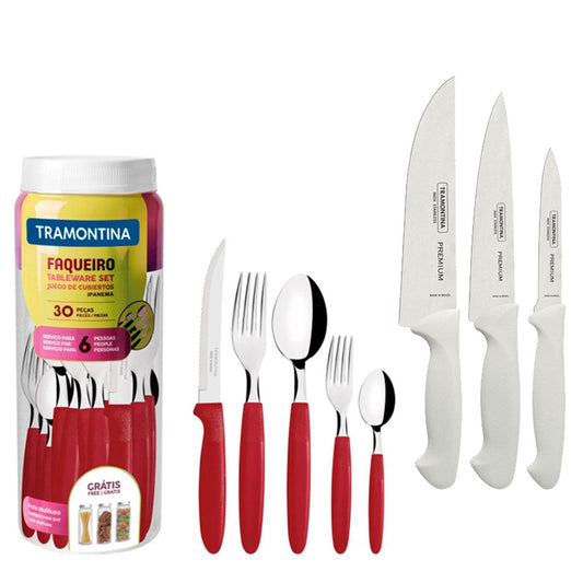 Kit - Faqueiro Premium 3 Peças + 1 Faqueiro 30 Peças Ipanema Vermelho - Tramontina