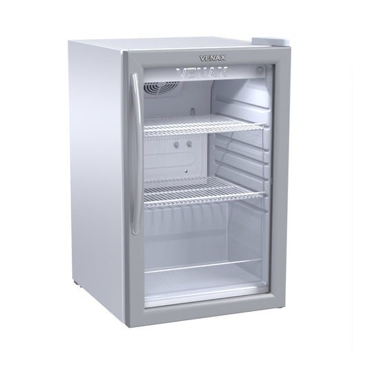 Visa cooler Venax VV100 branco 82L com porta de vidro duplo, ideal para bebidas em comércio, casa ou área de lazer.