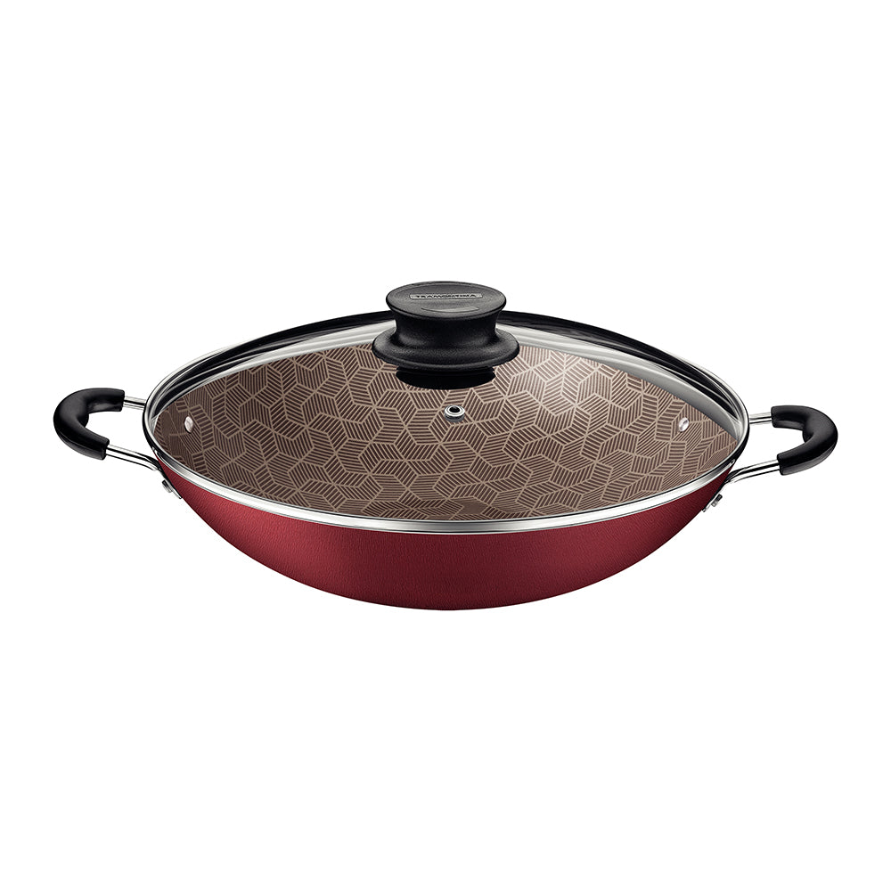 Panela Wok Alumínio 36cm Paris Antiaderente Tampa Vidro Vermelho - Tramontina