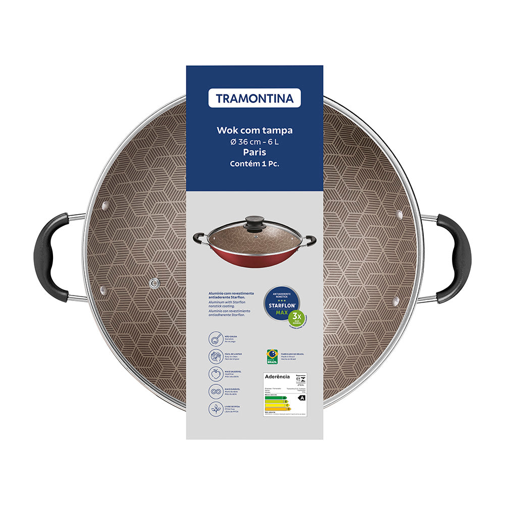Panela Wok Alumínio 36cm Paris Antiaderente Tampa Vidro Vermelho - Tramontina