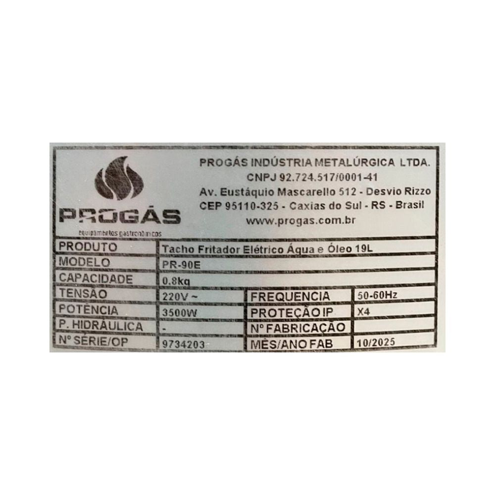 SEMINOVO - Fritador Profissional Água e Óleo 12 litros 3500W PR-90E - Progás 220V