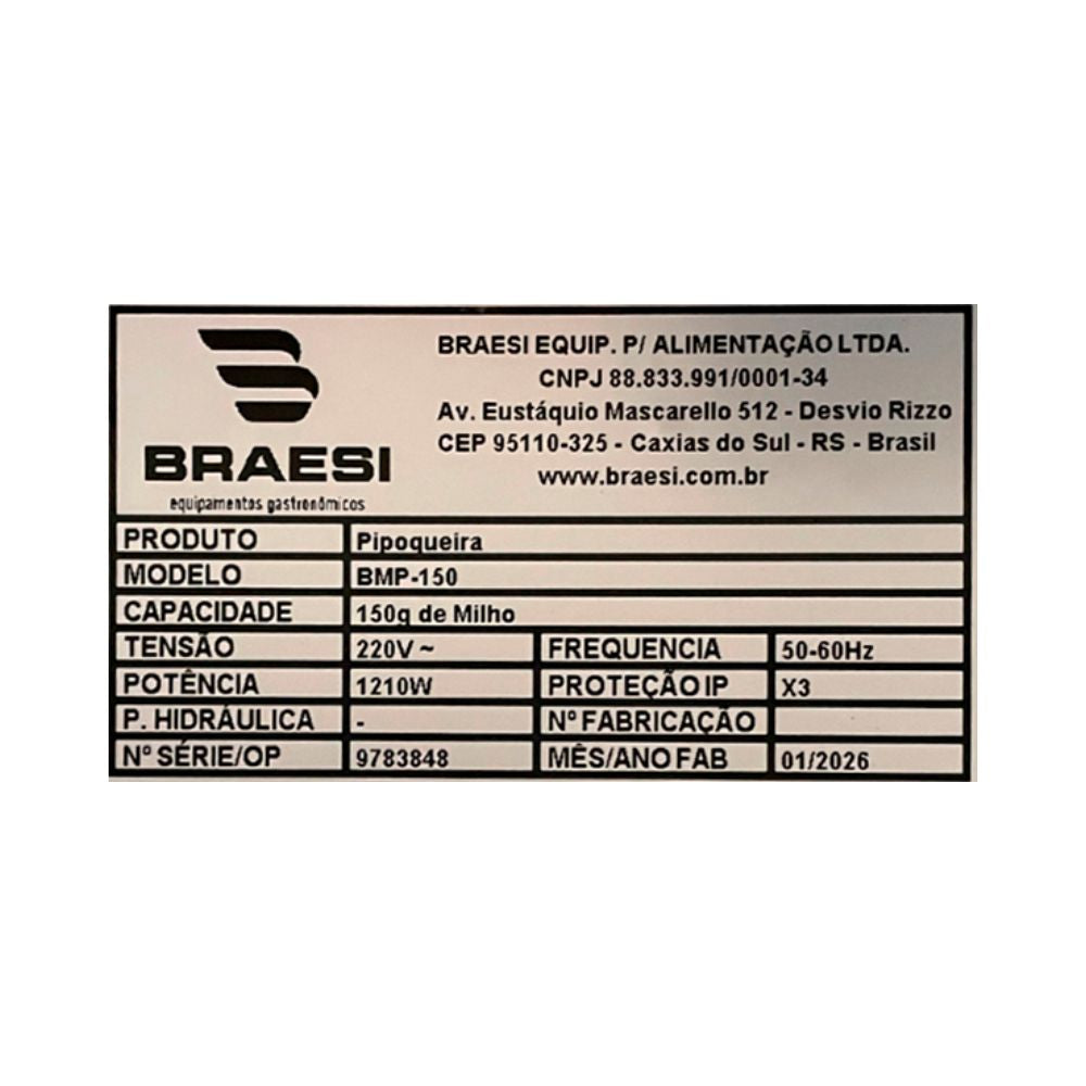 Semi - Máquina Pipoqueira Profissional Comercial Elétrica Inox BMP-150 220v - Braesi
