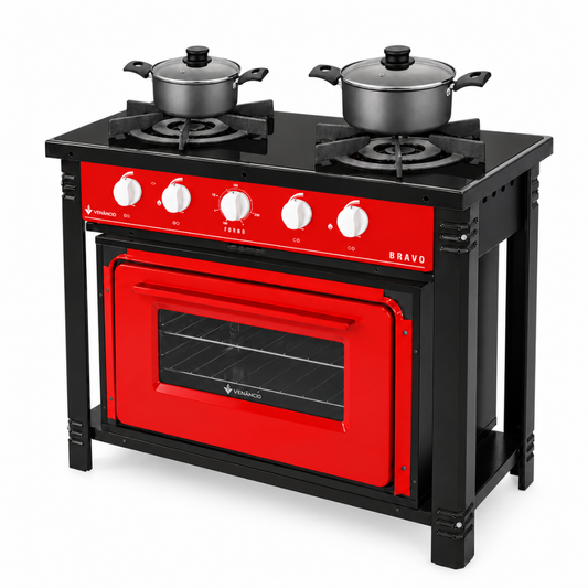 Kit Fogão Industrial 2 Bocas com Forno Bravo Vermelho Venâncio + 2 Caçarolas Tramontina Turim