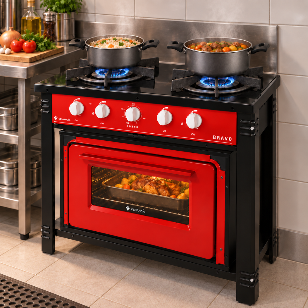 Kit Fogão Industrial 2 Bocas com Forno Bravo Vermelho Venâncio + 2 Caçarolas Tramontina Turim