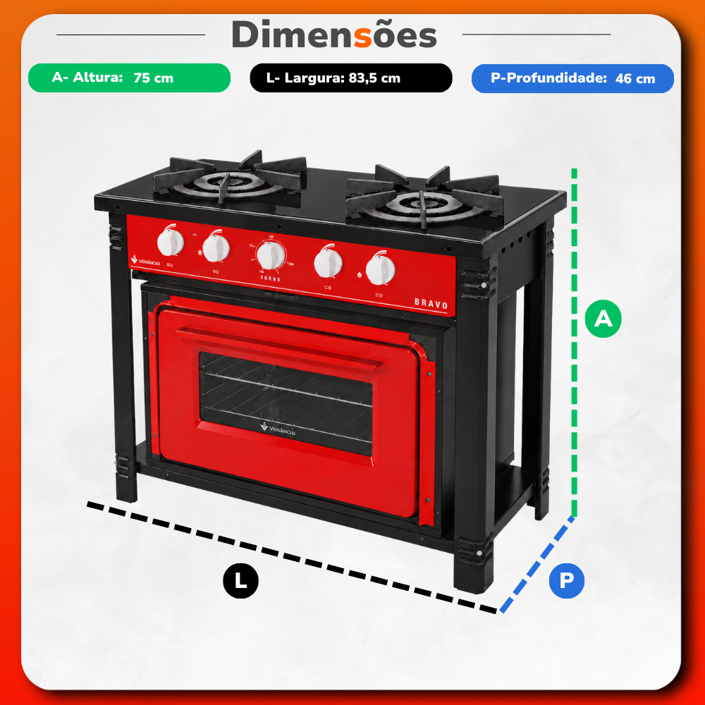 Kit Fogão Industrial 2 Bocas com Forno Bravo Vermelho Venâncio + 2 Caçarolas Tramontina Turim
