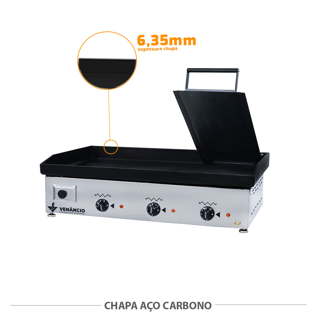 Chapa Bifeteira Elétrica Lisa 80cm Comercial Aço Carb. CE80P 6,35mm C/Prensa 220V - Venâncio