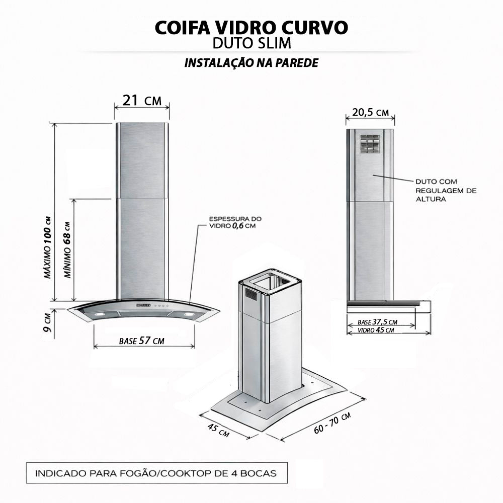 Coifa e Depurador Parede em Inox e Vidro Curvo 60cm Duto Slim CVC60 Slim 220V - Nardelli 50011000-2
