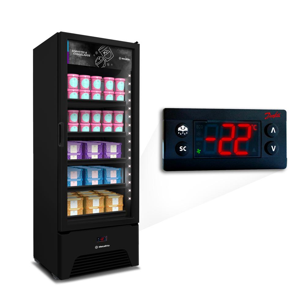 Freezer conservador vertical com dupla ação, ideal para conservação e congelamento de alimentos.