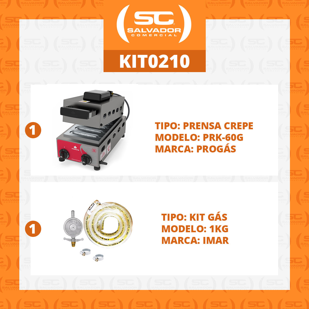 Kit - Prensa a Gás Crepes Suiço 6 Cavidades Prk-60g + Kit Gás - Progás