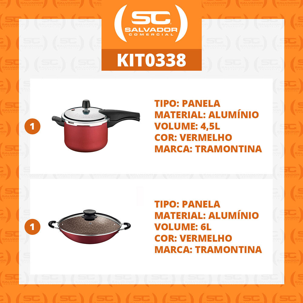 Kit Panela de Pressão 4,5L Vancouver Vermelha + 1 Panela Wok 36cm - Tramontina