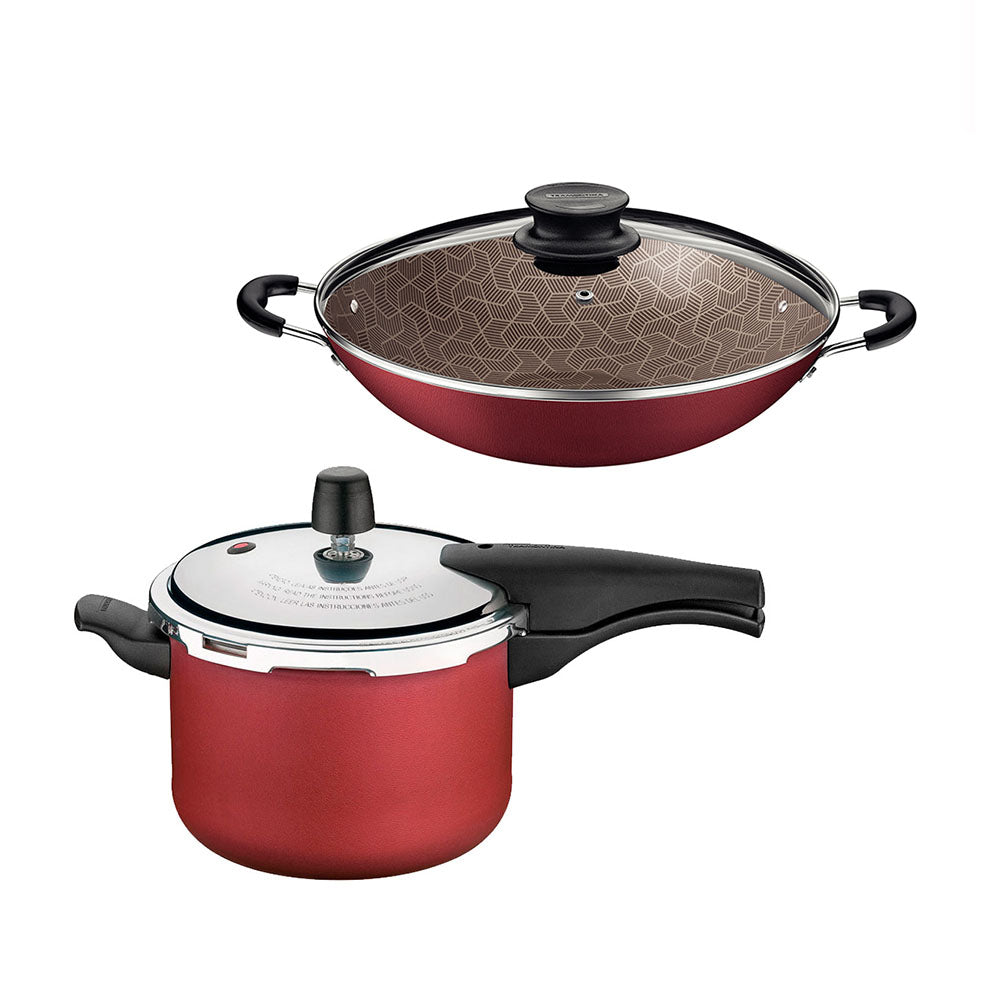 Kit Panela de Pressão 4,5L Vancouver Vermelha + 1 Panela Wok 36cm - Tramontina