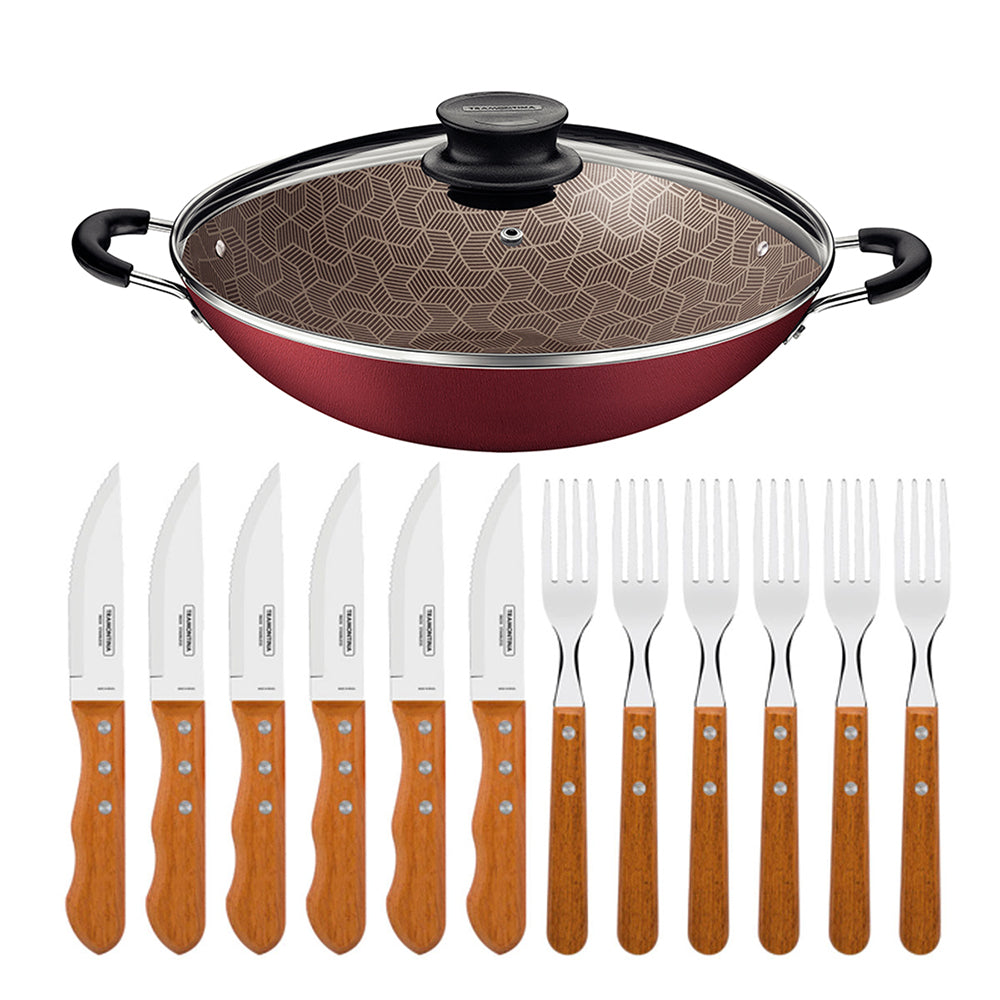 Kit  Panela Wok 6L Alumínio 36 Cm Paris Vermelho + 1 Jogo Churrasco 12pç - Tramontina