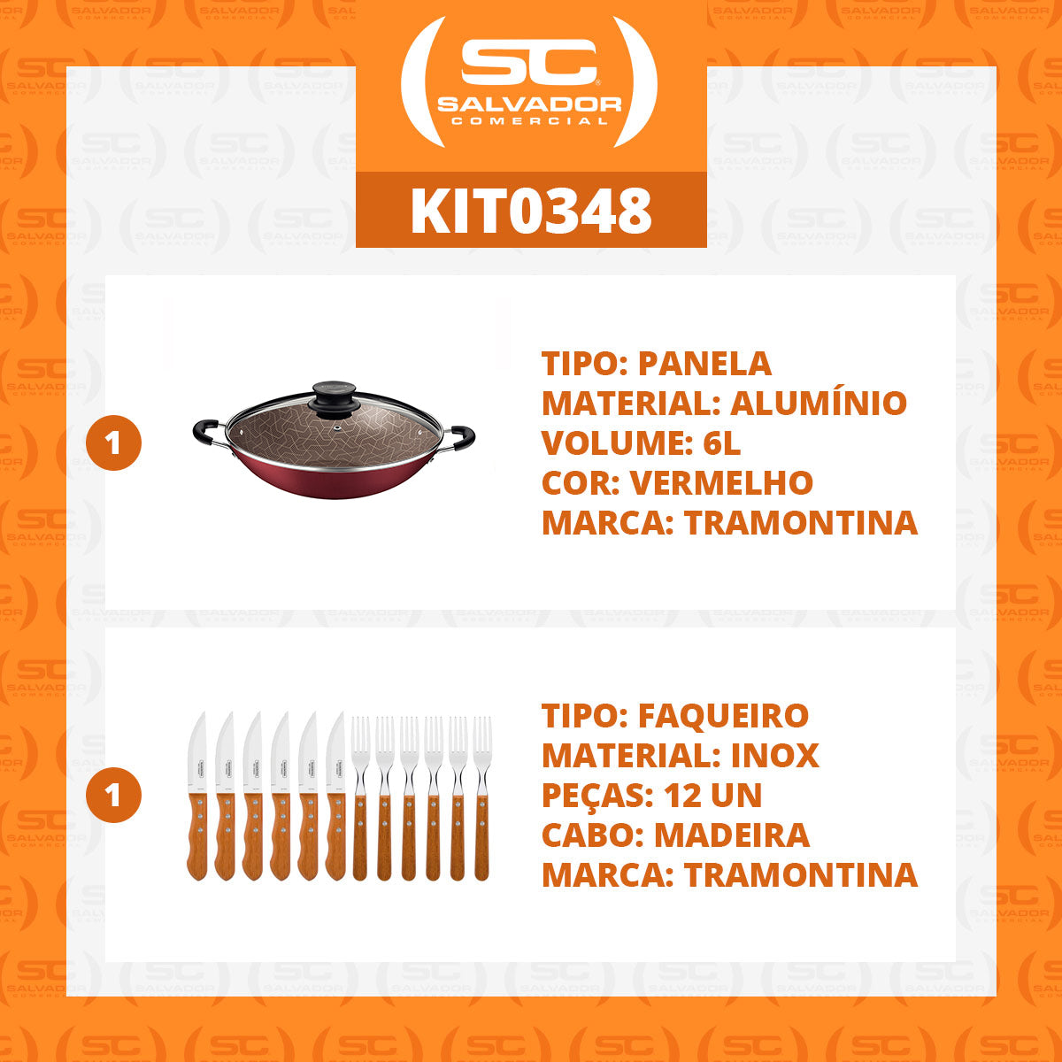 Kit - Panela Wok 6L Alumínio 36 Cm Paris Vermelho + 1 Jogo Churrasco 12pç - Tramontina