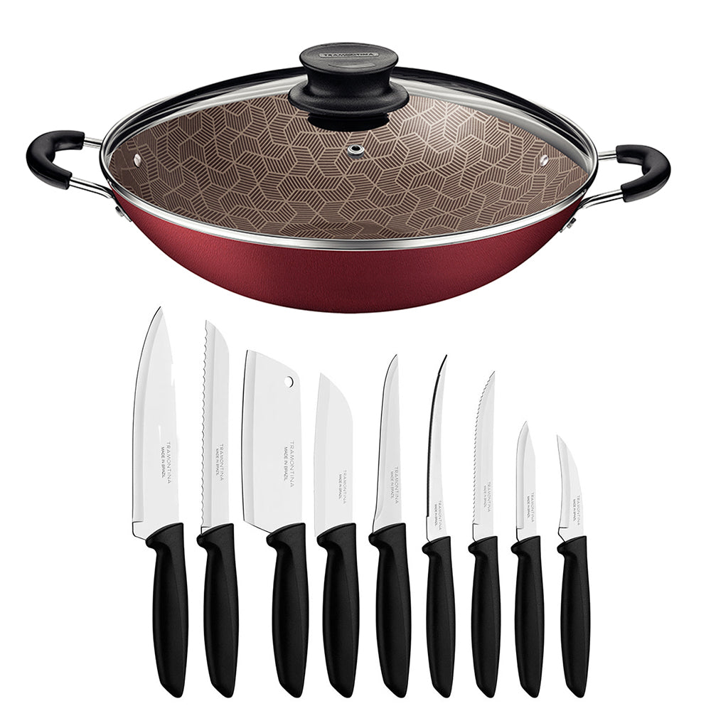 Kit  Panela Wok 6L Alumínio 36 Cm Paris Vermelho + 1 Conjunto Facas 9pç - Tramontina