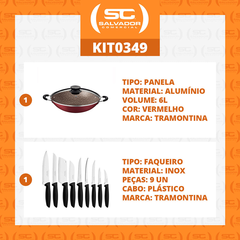 Kit  Panela Wok 6L Alumínio 36 Cm Paris Vermelho + 1 Conjunto Facas 9pç - Tramontina