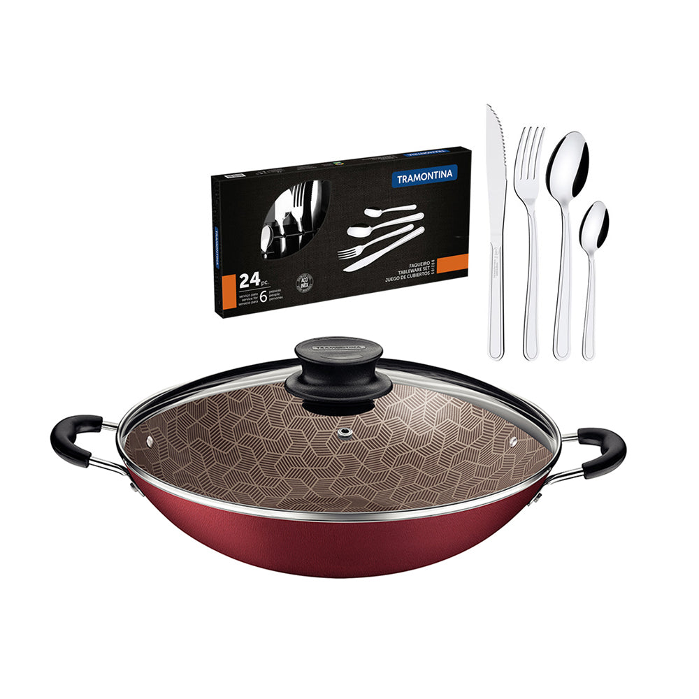 Kit  Panela Wok 6L Alumínio 36 Cm Paris Vermelho + 1 Faqueiro Inox 24pç - Tramontina