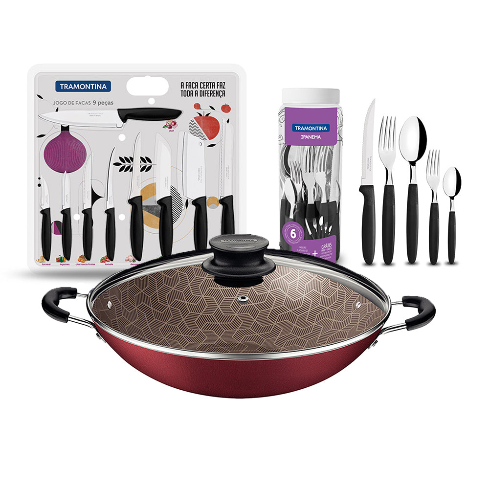 Kit Panela Wok 6L 36 Cm Vermelho + 1 Faqueiro 30pç + 1 Conjunto Facas 9pç - Tramontina