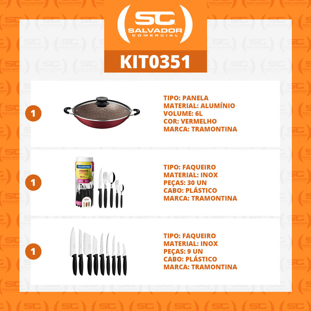 Kit Panela Wok 6L 36 Cm Vermelho + 1 Faqueiro 30pç + 1 Conjunto Facas 9pç - Tramontina